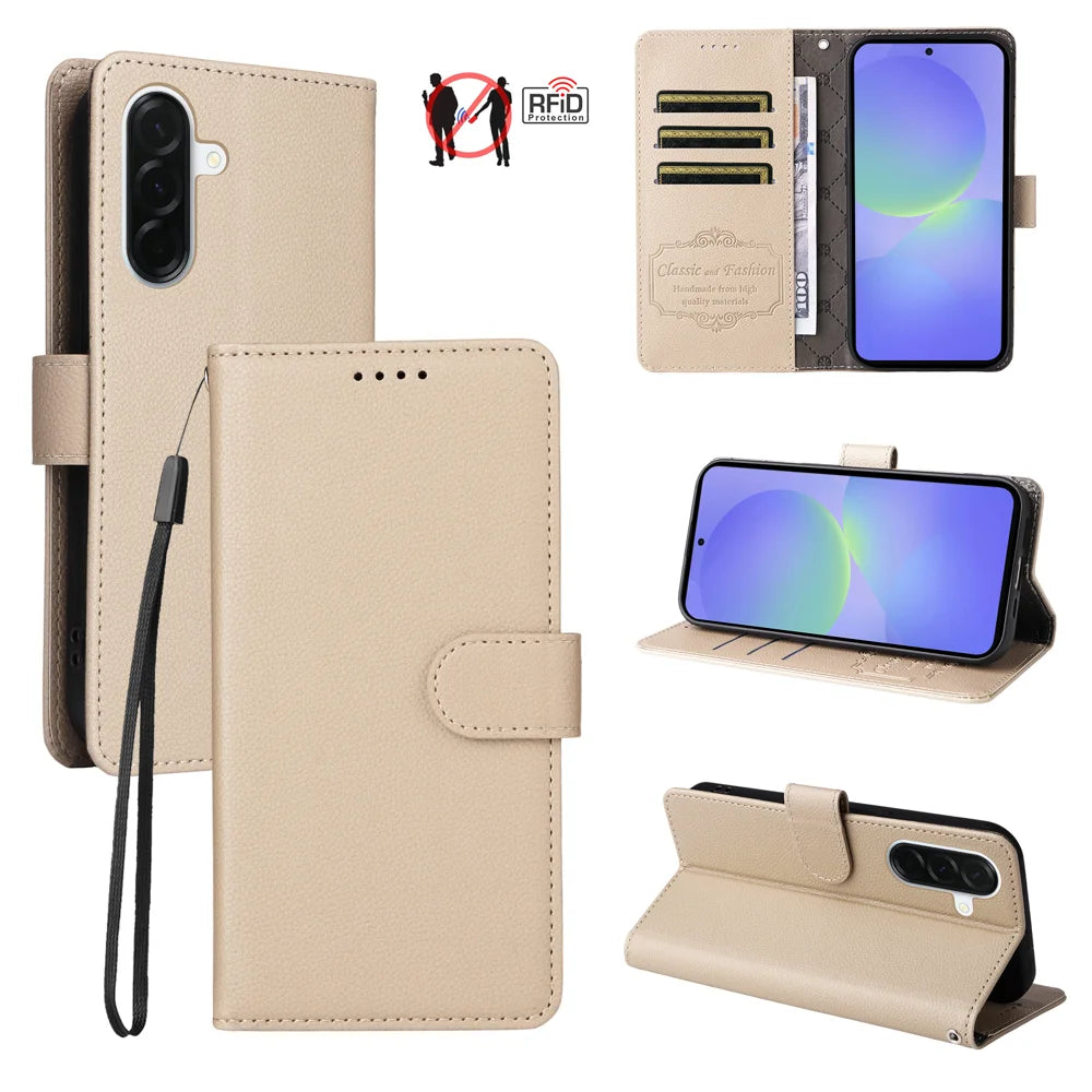 For Samsung Galaxy A37 5G Case RFID Blocking 3 Card Slots PU Leather Phone Cover with Wrist Strap - Creamy White - 4