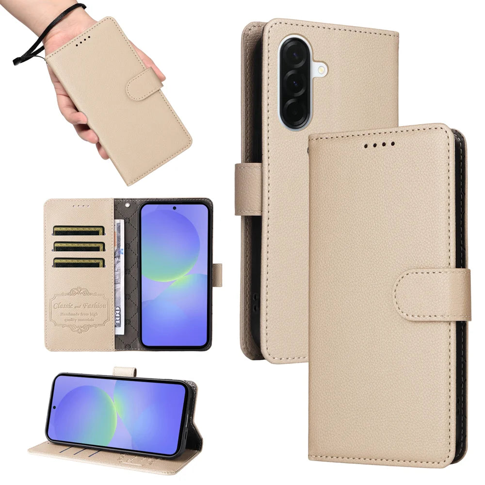 For Samsung Galaxy A37 5G Case RFID Blocking 3 Card Slots PU Leather Phone Cover with Wrist Strap - Creamy White - 5