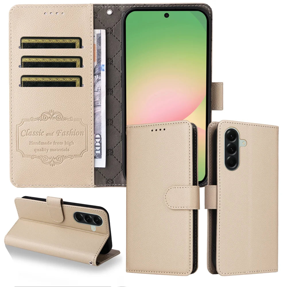 For Samsung Galaxy A57 5G Case RFID Blocking 3 Card Slots PU Leather Phone Cover with Wrist Strap - Creamy White - 3
