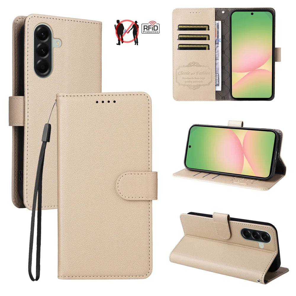 For Samsung Galaxy A57 5G Case RFID Blocking 3 Card Slots PU Leather Phone Cover with Wrist Strap - Creamy White - 4