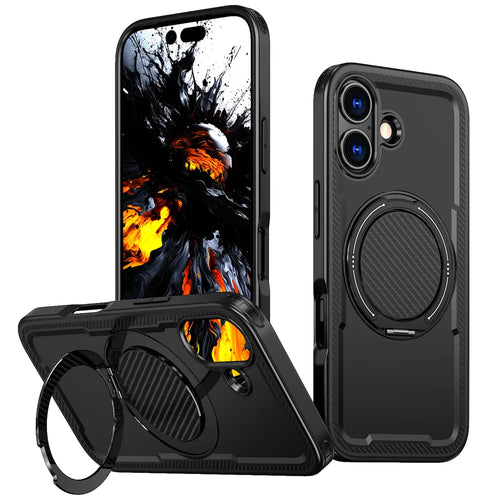 For iPhone 17 Case Compatible with MagSafe TPU + PC Phone Cover with Damping Rotating Stand - Black - 1