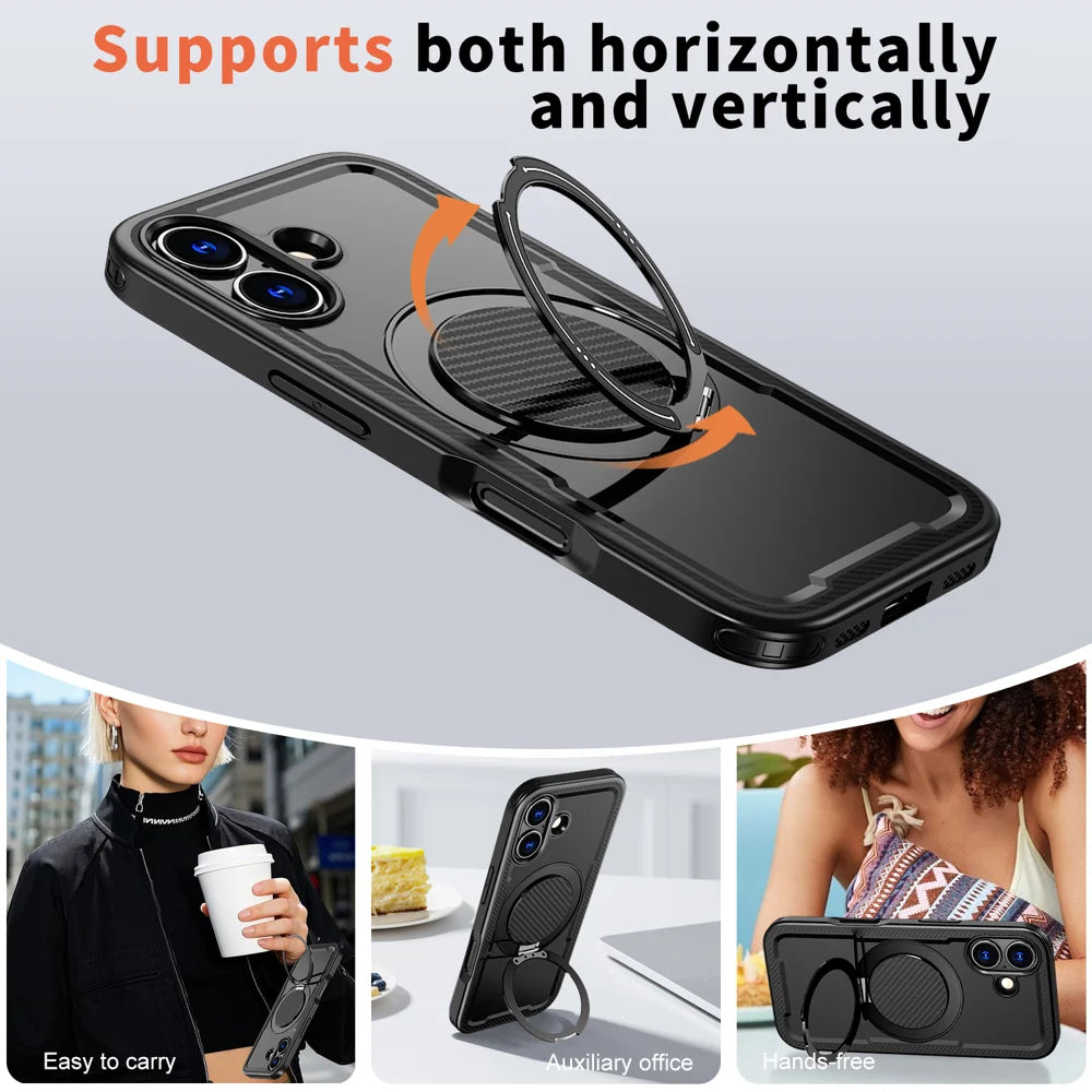 For iPhone 17 Case Compatible with MagSafe TPU + PC Phone Cover with Damping Rotating Stand - Black - 5