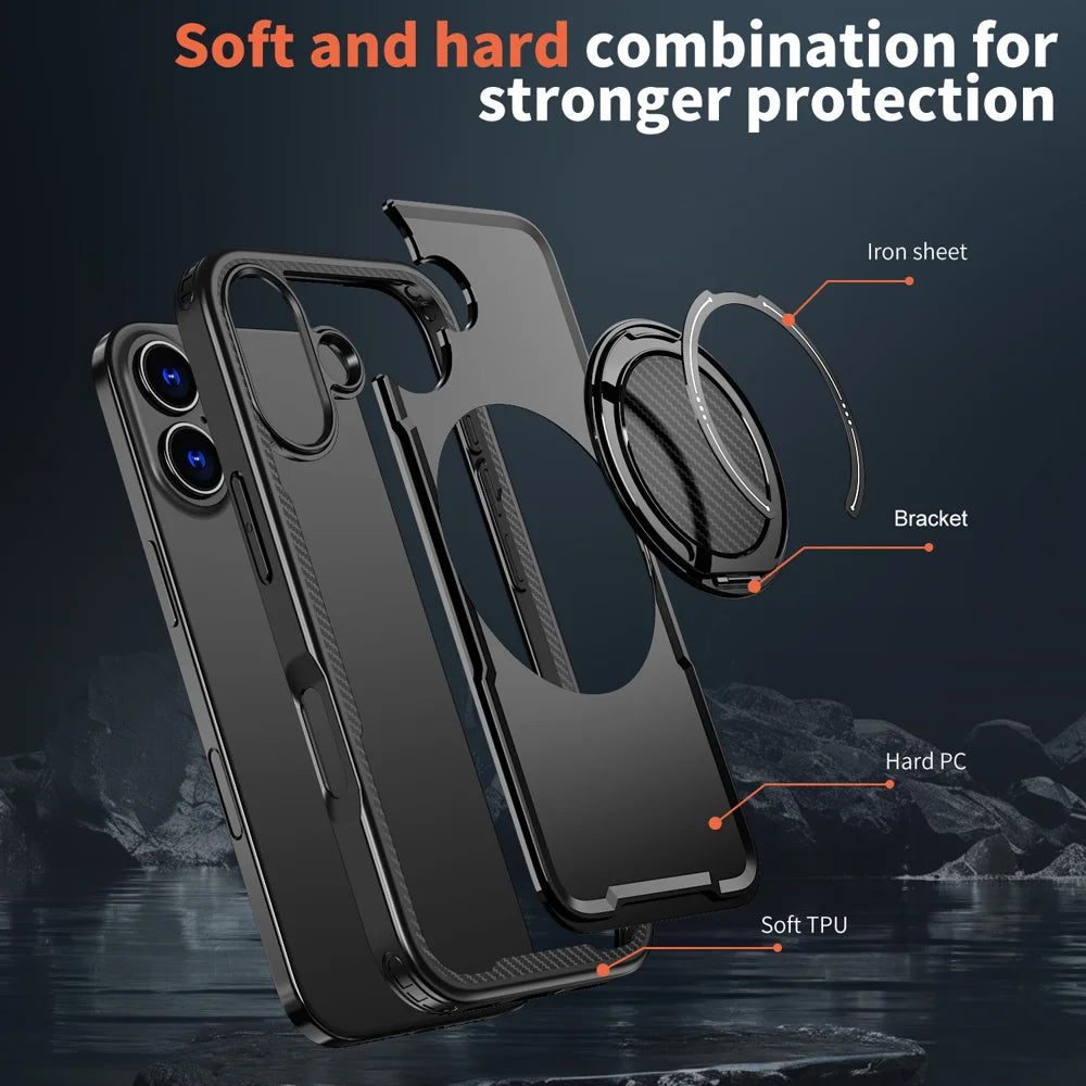 For iPhone 17 Case Compatible with MagSafe TPU + PC Phone Cover with Damping Rotating Stand - Black - 6