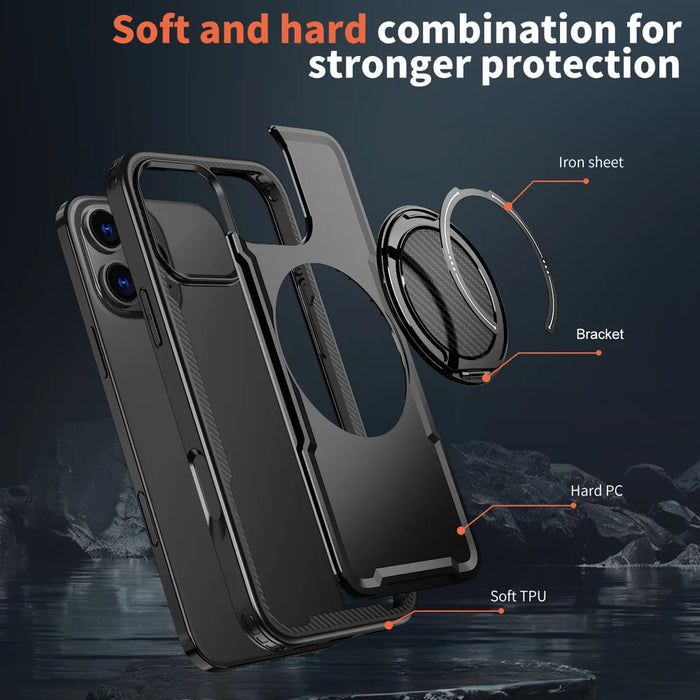 For iPhone 16 Pro Max Case Compatible with MagSafe TPU + PC Phone Cover with Damping Rotating Stand - Black - 6
