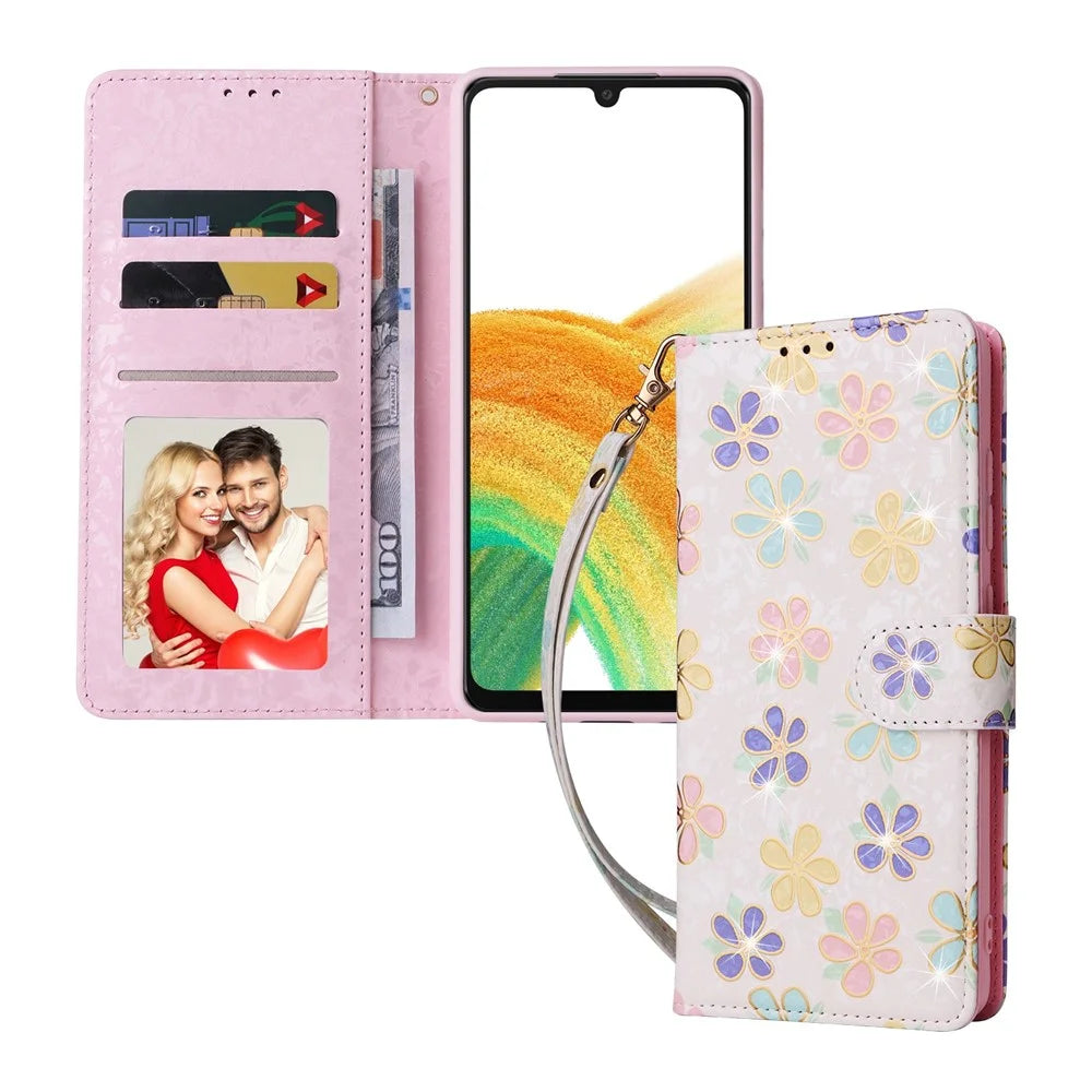 For Samsung Galaxy A53 5G Lacquered PU Leather Case Stand Wallet Full Protection RFID Blocking Phone Cover - Colorful Flower - 1