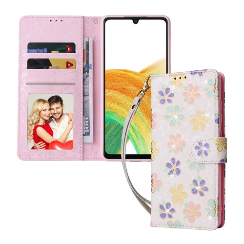 For Samsung Galaxy A53 5G Lacquered PU Leather Case Stand Wallet Full Protection RFID Blocking Phone Cover - Colorful Flower - 1