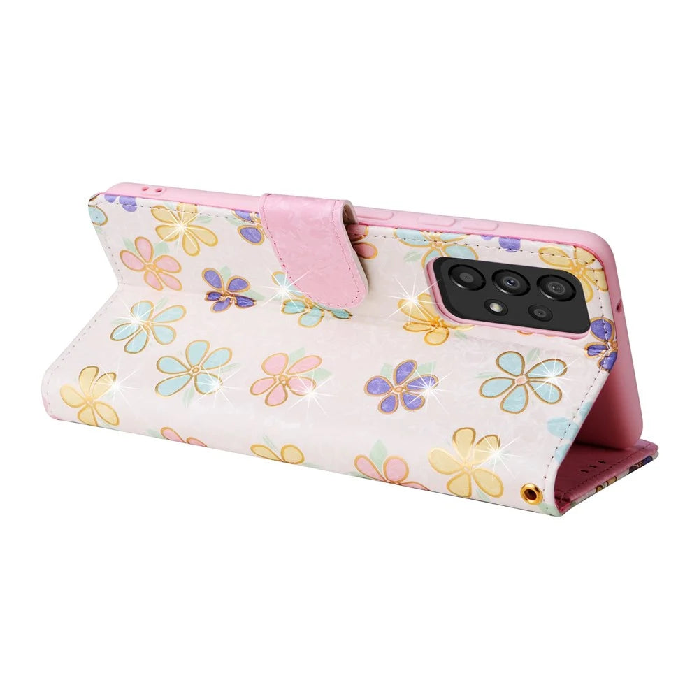 For Samsung Galaxy A53 5G Lacquered PU Leather Case Stand Wallet Full Protection RFID Blocking Phone Cover - Colorful Flower - 5