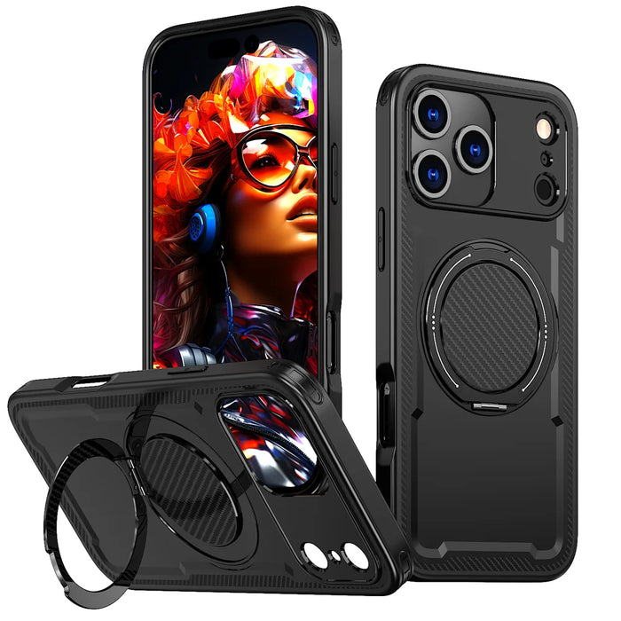 For iPhone 18 Pro / 17 Pro Case Compatible with MagSafe TPU + PC Phone Cover with Damping Rotating Stand - Black - 1