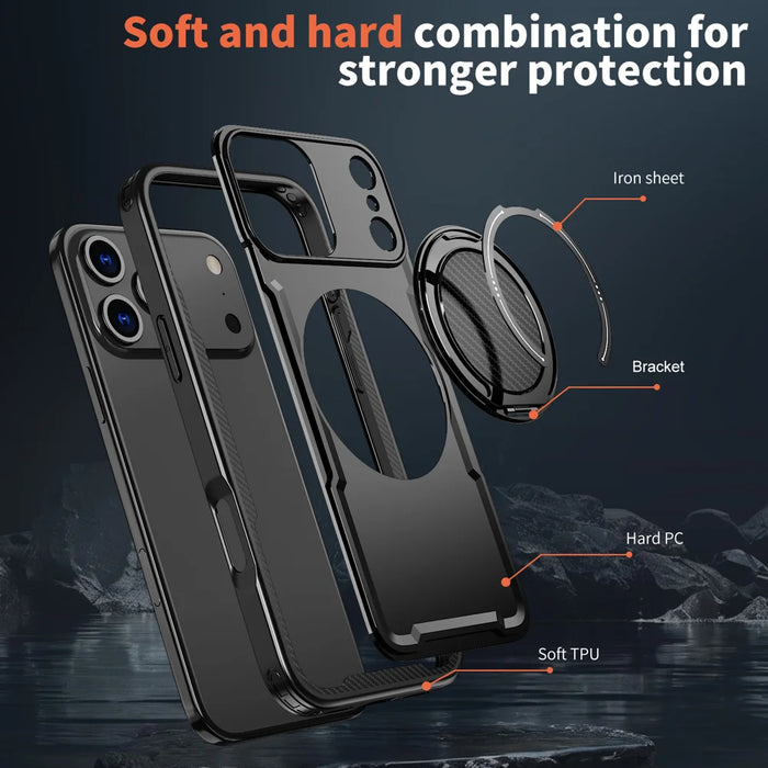 For iPhone 18 Pro / 17 Pro Case Compatible with MagSafe TPU + PC Phone Cover with Damping Rotating Stand - Black - 6
