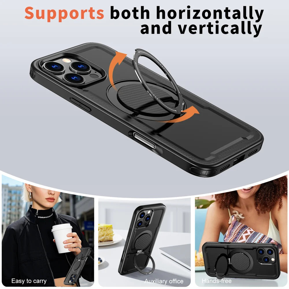 For iPhone 16 Pro Case Compatible with MagSafe TPU + PC Phone Cover with Damping Rotating Stand - Black - 5