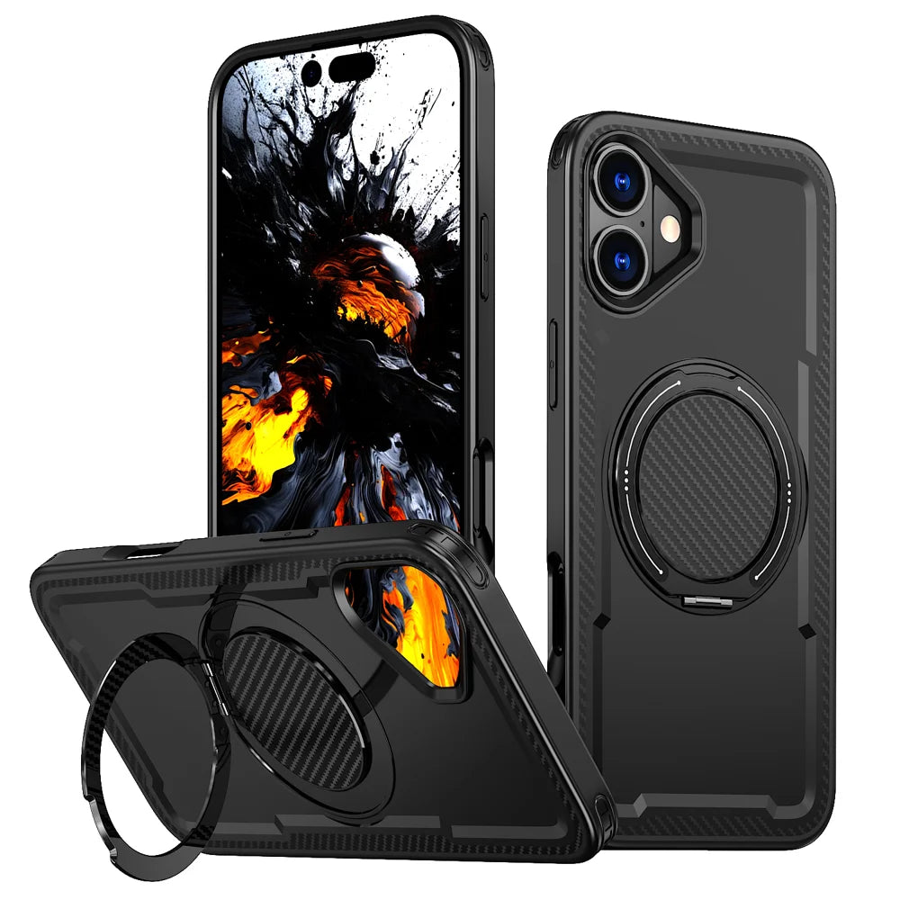 For iPhone 16 Case Compatible with MagSafe TPU + PC Phone Cover with Damping Rotating Stand - Black - 1