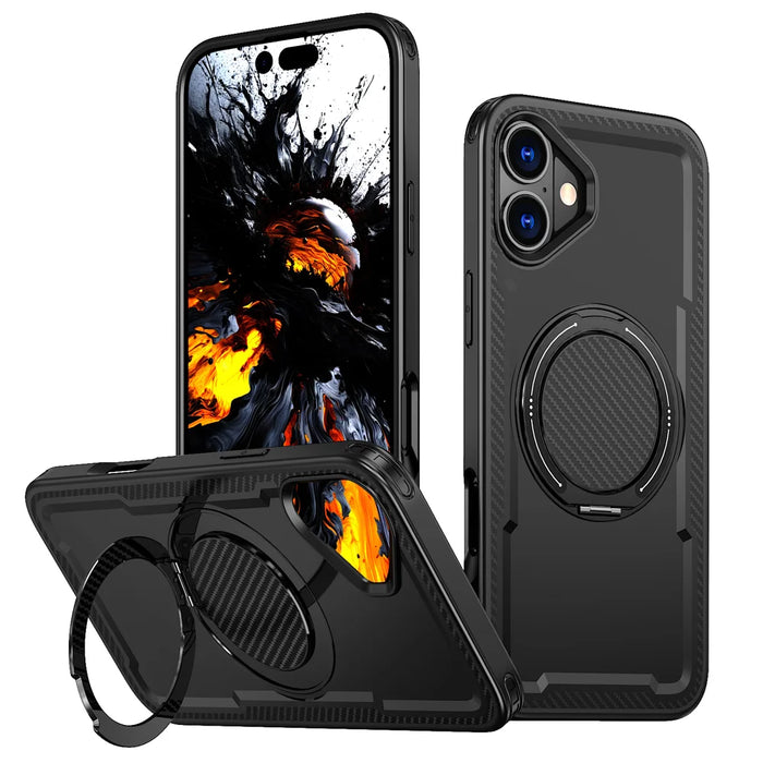 For iPhone 16 Case Compatible with MagSafe TPU + PC Phone Cover with Damping Rotating Stand - Black - 1