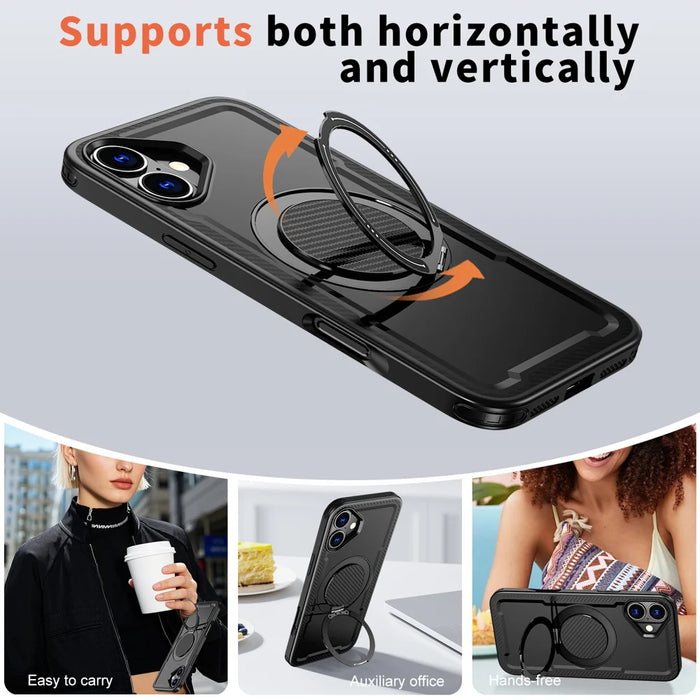 For iPhone 16 Case Compatible with MagSafe TPU + PC Phone Cover with Damping Rotating Stand - Black - 5