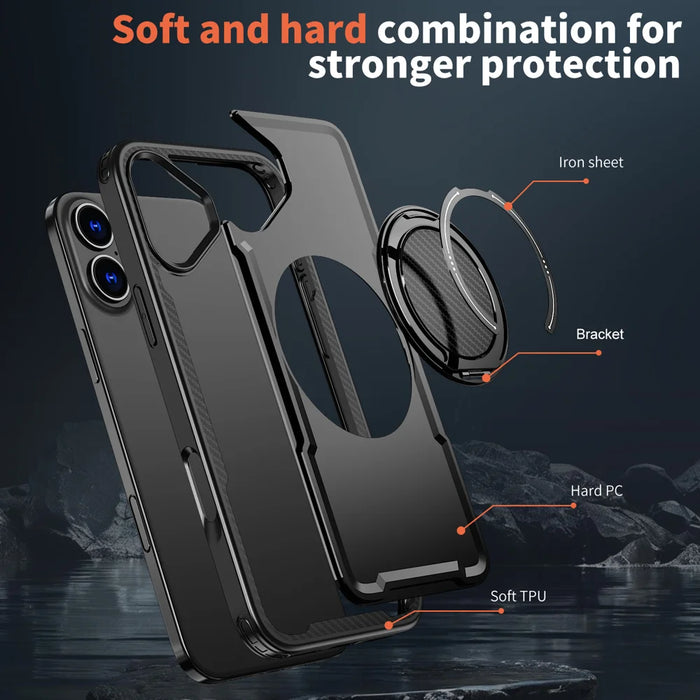 For iPhone 16 Case Compatible with MagSafe TPU + PC Phone Cover with Damping Rotating Stand - Black - 6