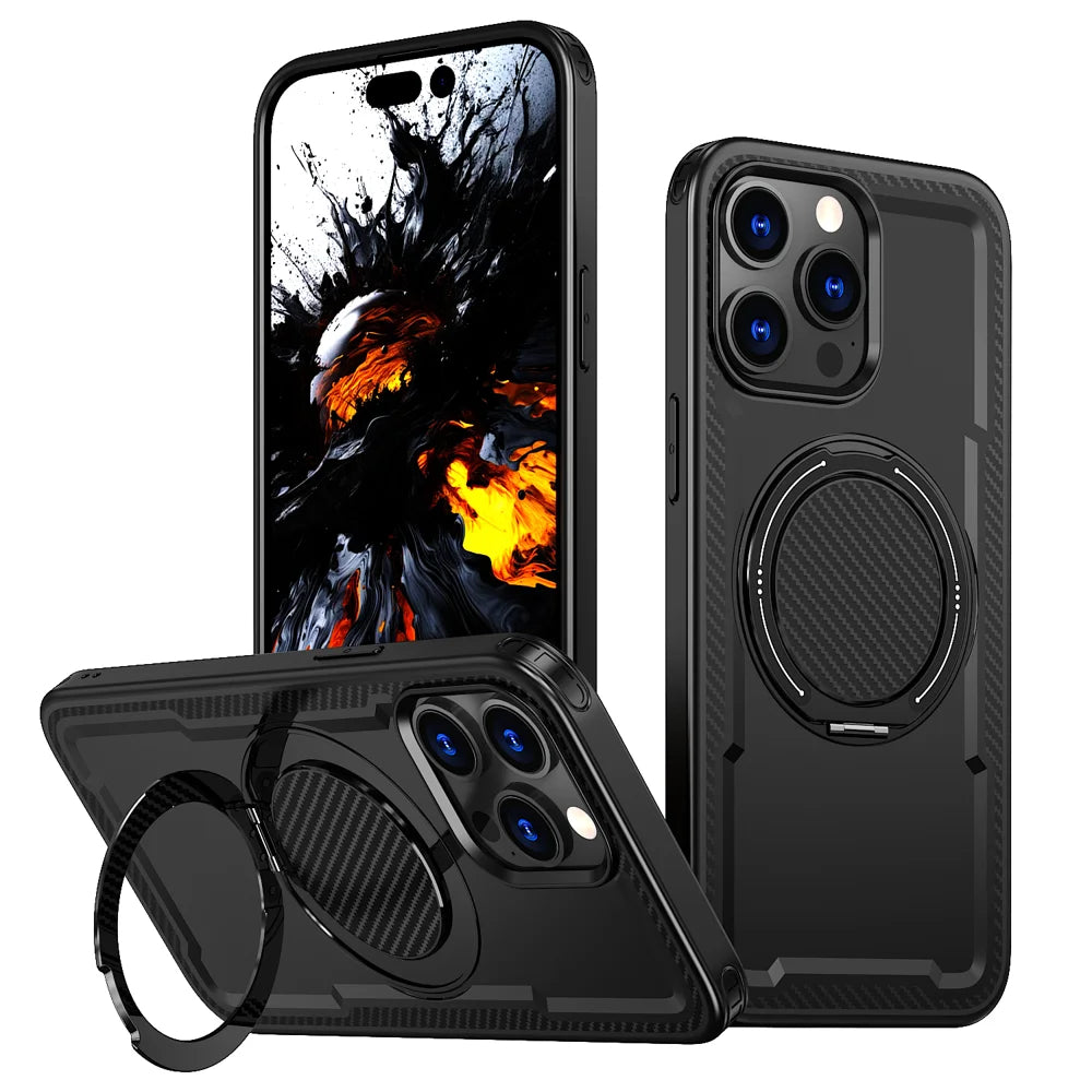 For iPhone 13 Pro Case Compatible with MagSafe TPU + PC Phone Cover with Damping Rotating Stand - Black - 1