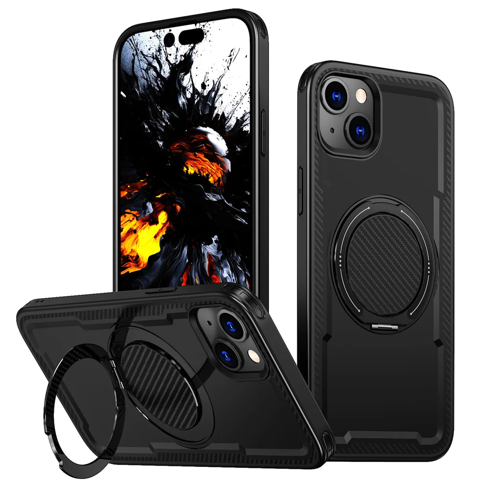 For iPhone 15 Case Compatible with MagSafe TPU + PC Phone Cover with Damping Rotating Stand - Black - 1