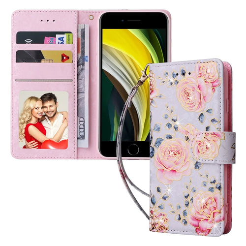 For iPhone 7 / 8 4.7 inch / SE (2020) / SE (2022) Lacquered PU Leather Case RFID Blocking Wallet Stand Magnetic Clasp Cover - Rose Flower - 1