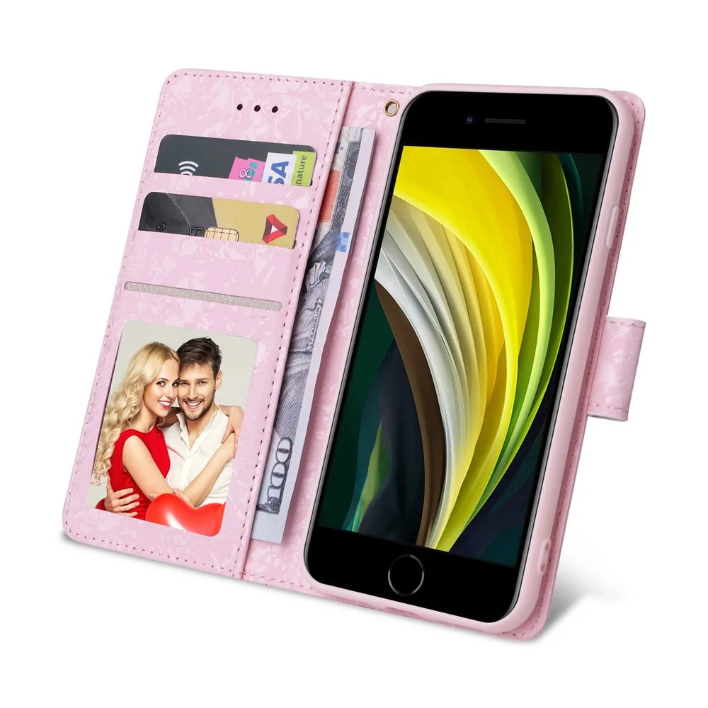 For iPhone 7 / 8 4.7 inch / SE (2020) / SE (2022) Lacquered PU Leather Case RFID Blocking Wallet Stand Magnetic Clasp Cover - Rose Flower - 3