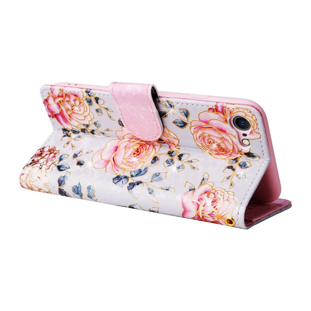 For iPhone 7 / 8 4.7 inch / SE (2020) / SE (2022) Lacquered PU Leather Case RFID Blocking Wallet Stand Magnetic Clasp Cover - Rose Flower - 5