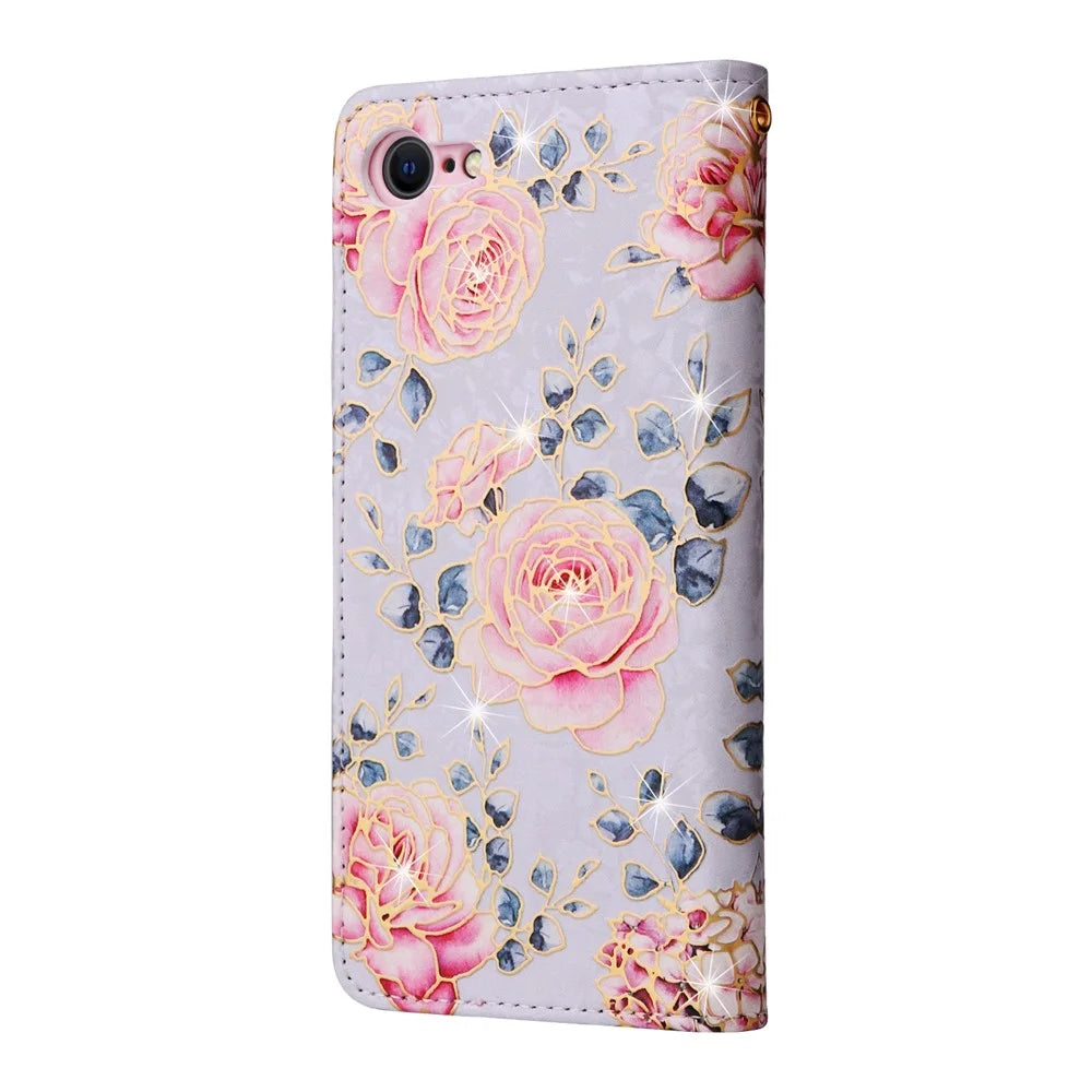 For iPhone 7 / 8 4.7 inch / SE (2020) / SE (2022) Lacquered PU Leather Case RFID Blocking Wallet Stand Magnetic Clasp Cover - Rose Flower - 7