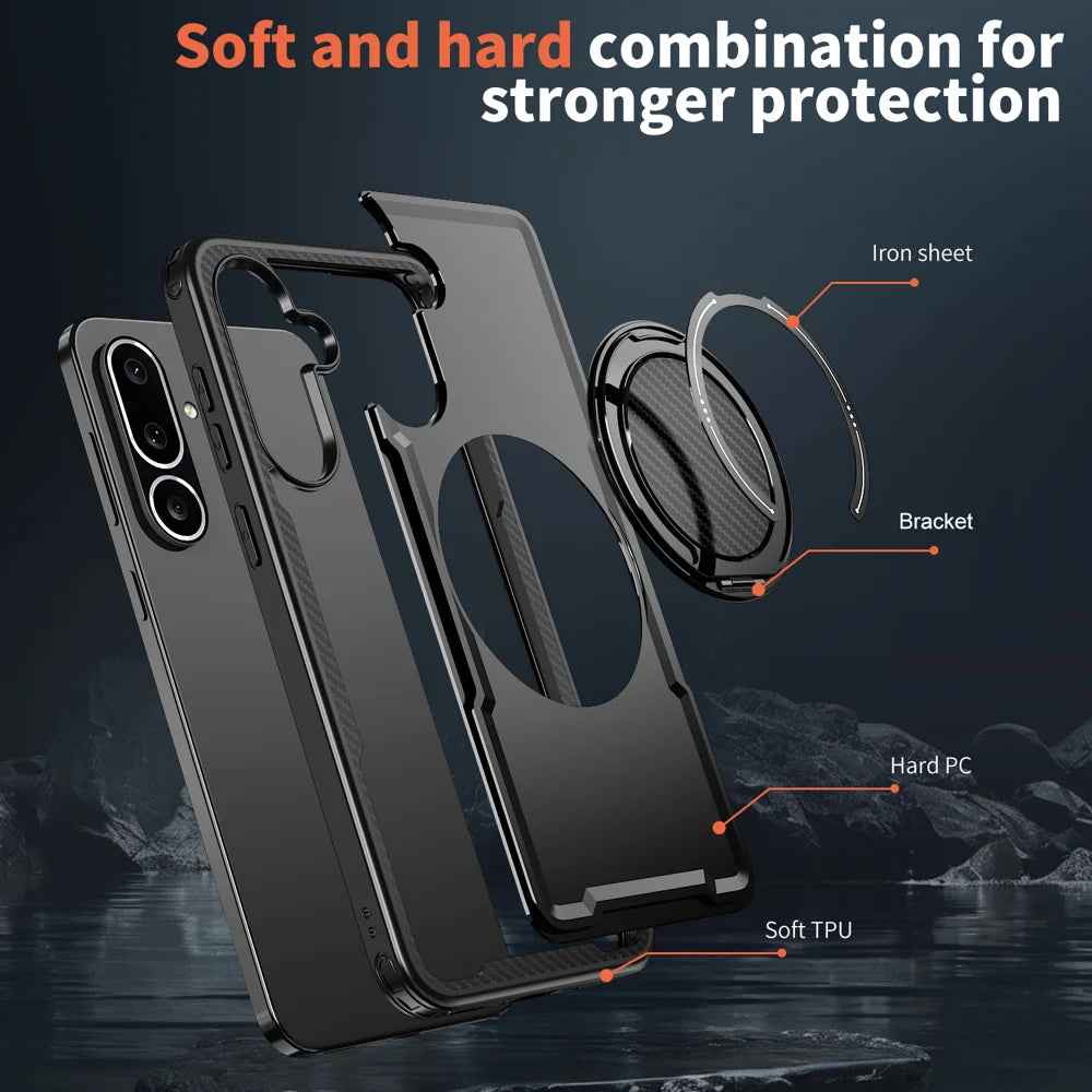 For Samsung Galaxy F56 5G / Galaxy M56 5G Magnetic Case TPU + PC Phone Cover with Damping Rotating Stand - Black - 6