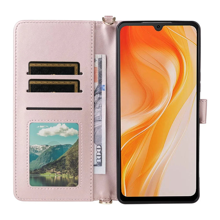 For Cubot P90 Leather Case Stand Wallet Phone Cover with Shoulder / Wrist Strap - Pink - 3