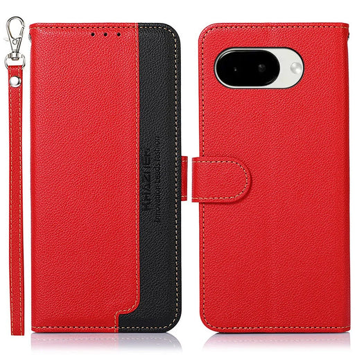 KHAZNEH For Google Pixel 10a Case RFID Blocking Wallet Litchi Texture PU Leather Phone Cover with Strap - Red - 1