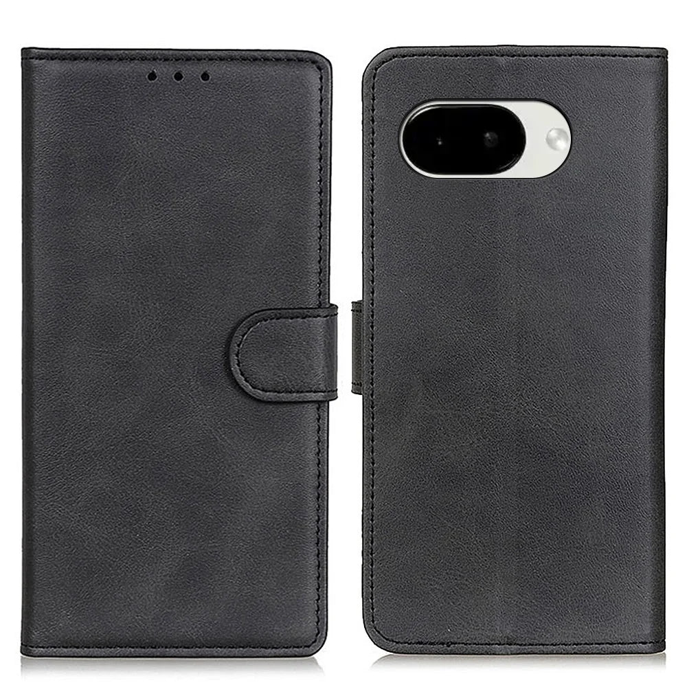 For Google Pixel 10a Case Cowhide Texture Leather Wallet Stand Phone Cover - Black - 1