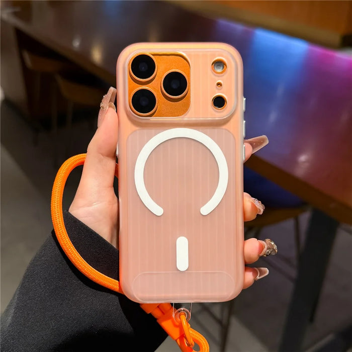 For iPhone 17 Pro Case Compatible with MagSafe Corrugated Texture TPU PC Phone Cover with Adjustable Wrist Strap - Orange - 3