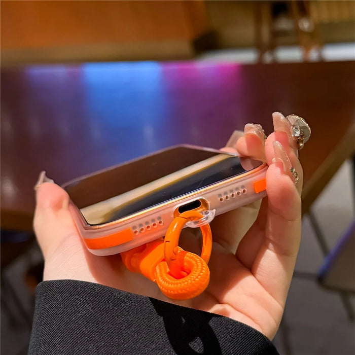 For iPhone 17 Pro Case Compatible with MagSafe Corrugated Texture TPU PC Phone Cover with Adjustable Wrist Strap - Orange - 5