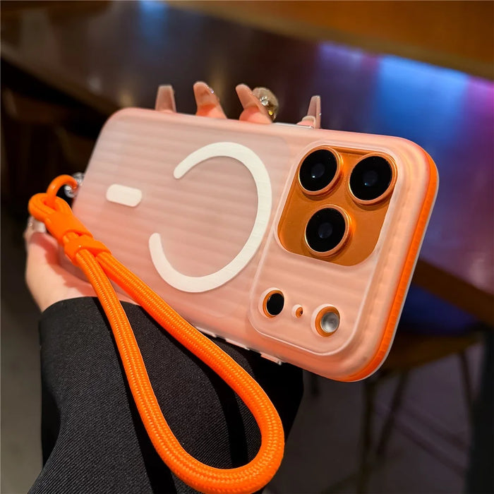 For iPhone 17 Pro Case Compatible with MagSafe Corrugated Texture TPU PC Phone Cover with Adjustable Wrist Strap - Orange - 6