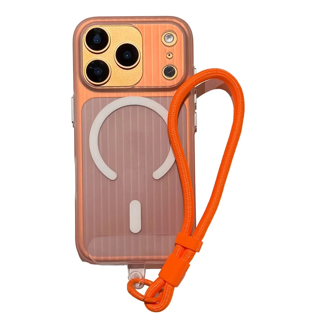 For iPhone 17 Pro Max Case Compatible with MagSafe Corrugated Texture TPU PC Phone Cover with Adjustable Wrist Strap - Orange - 1