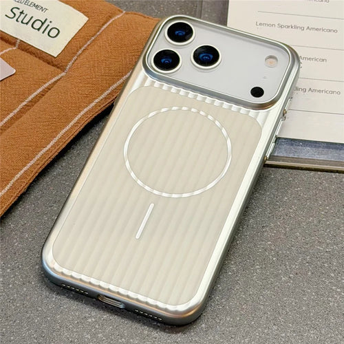 For iPhone 17 Pro Case Compatible with MagSafe Corrugated Texture Electroplating PC Phone Cover - Silver - 1