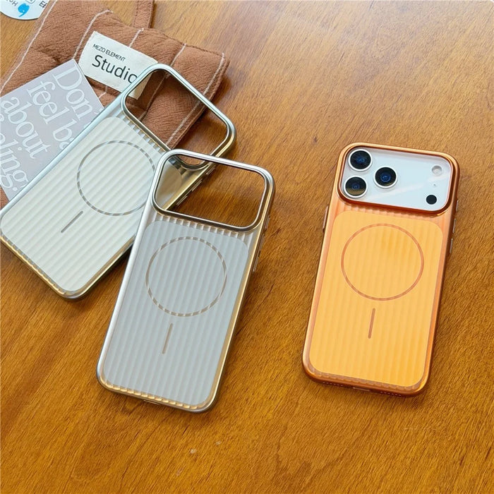 For iPhone 17 Pro Case Compatible with MagSafe Corrugated Texture Electroplating PC Phone Cover - Silver - 5