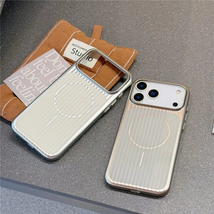 For iPhone 17 Pro Case Compatible with MagSafe Corrugated Texture Electroplating PC Phone Cover - Silver - 6