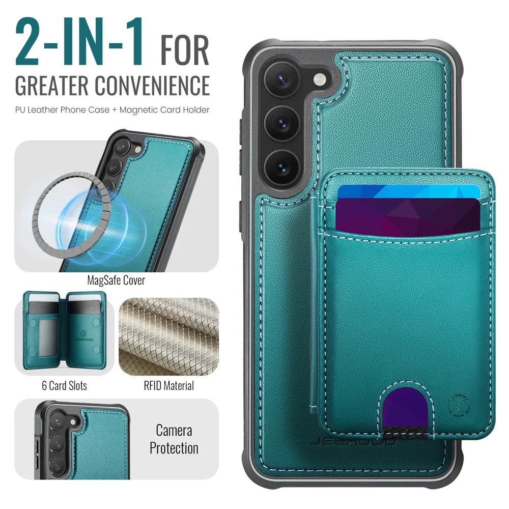 JEEHOOD For Samsung Galaxy S23 Magnetic Case  J10 Leather Back Phone Cover with Detachable Card Holder Kickstand - Blue - 2