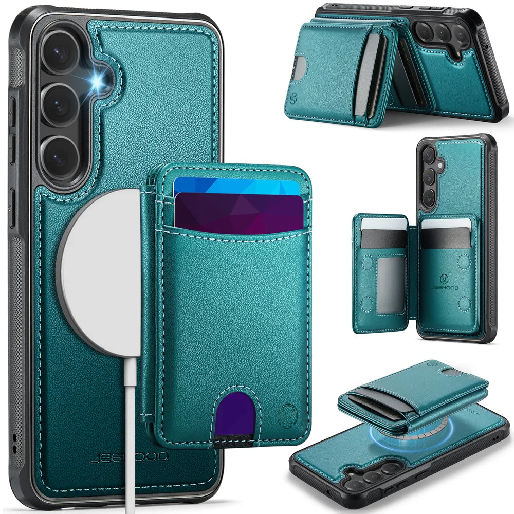 JEEHOOD For Samsung Galaxy S23 FE Magnetic Case  J10 Leather Back Phone Cover with Detachable Card Holder Kickstand - Blue - 1