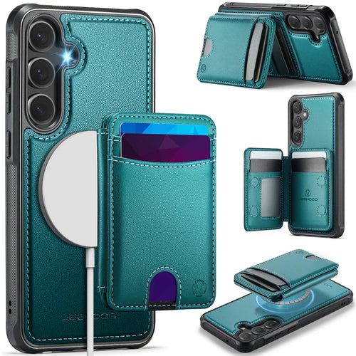 JEEHOOD For Samsung Galaxy S23 FE Magnetic Case  J10 Leather Back Phone Cover with Detachable Card Holder Kickstand - Blue - 1