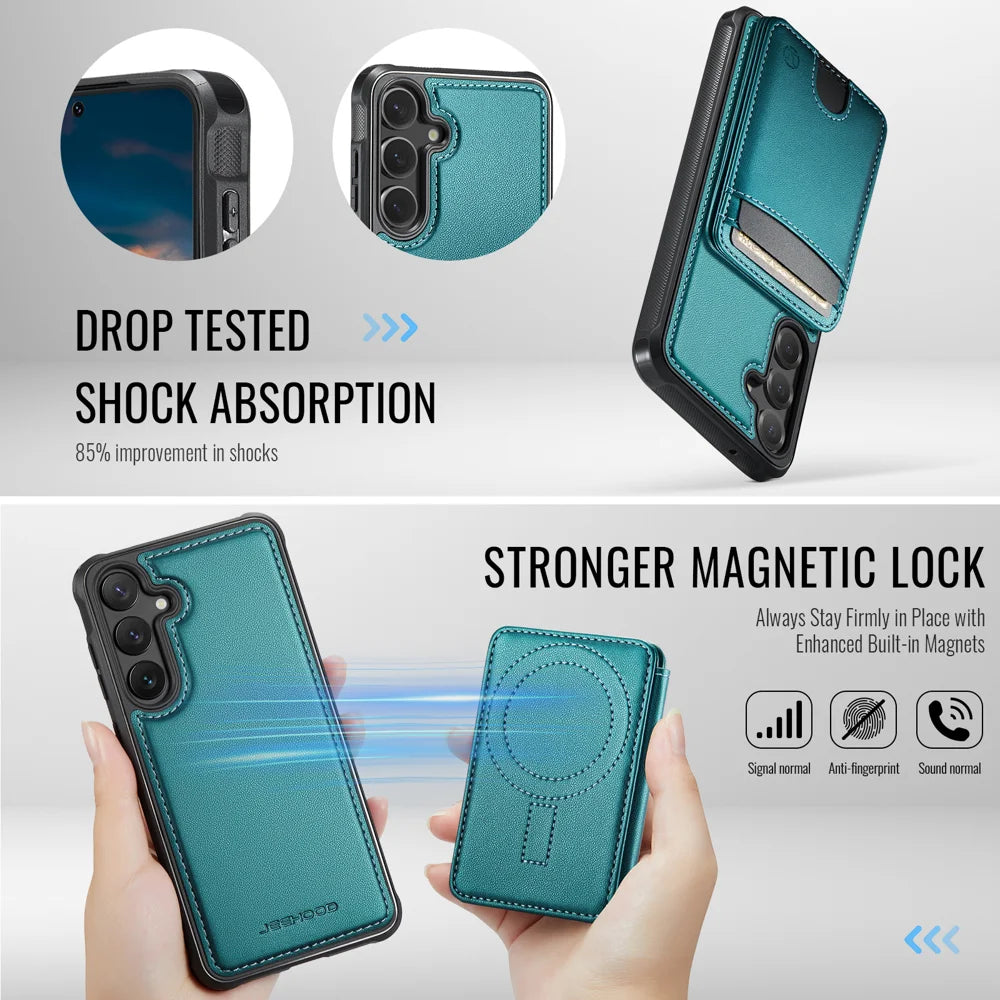 JEEHOOD For Samsung Galaxy S23 FE Magnetic Case  J10 Leather Back Phone Cover with Detachable Card Holder Kickstand - Blue - 3