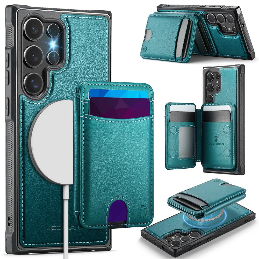 JEEHOOD For Samsung Galaxy S23 Ultra Magnetic Case  J10 Leather Back Phone Cover with Detachable Card Holder Kickstand - Blue - 1