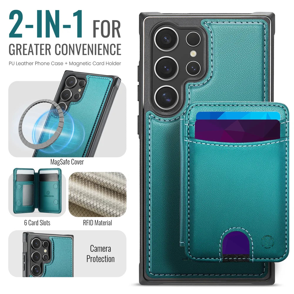 JEEHOOD For Samsung Galaxy S23 Ultra Magnetic Case  J10 Leather Back Phone Cover with Detachable Card Holder Kickstand - Blue - 2