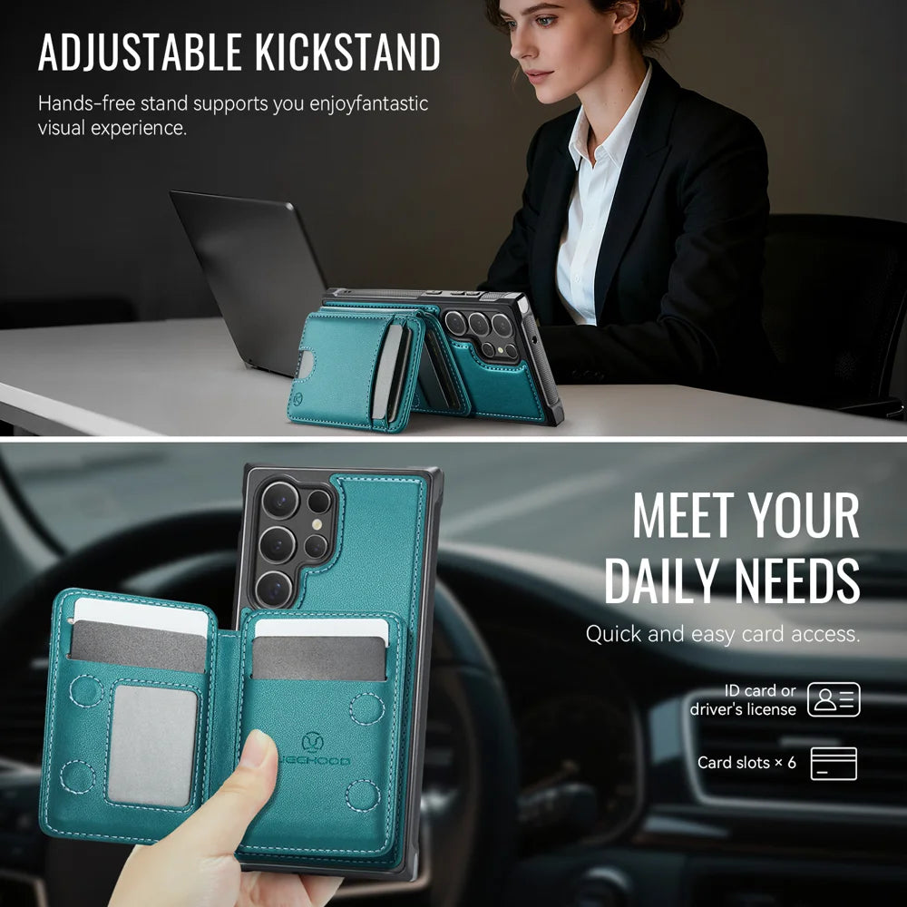 JEEHOOD For Samsung Galaxy S23 Ultra Magnetic Case  J10 Leather Back Phone Cover with Detachable Card Holder Kickstand - Blue - 4