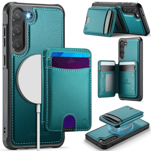 JEEHOOD For Samsung Galaxy S23+ Magnetic Case  J10 Leather Back Phone Cover with Detachable Card Holder Kickstand - Blue - 1