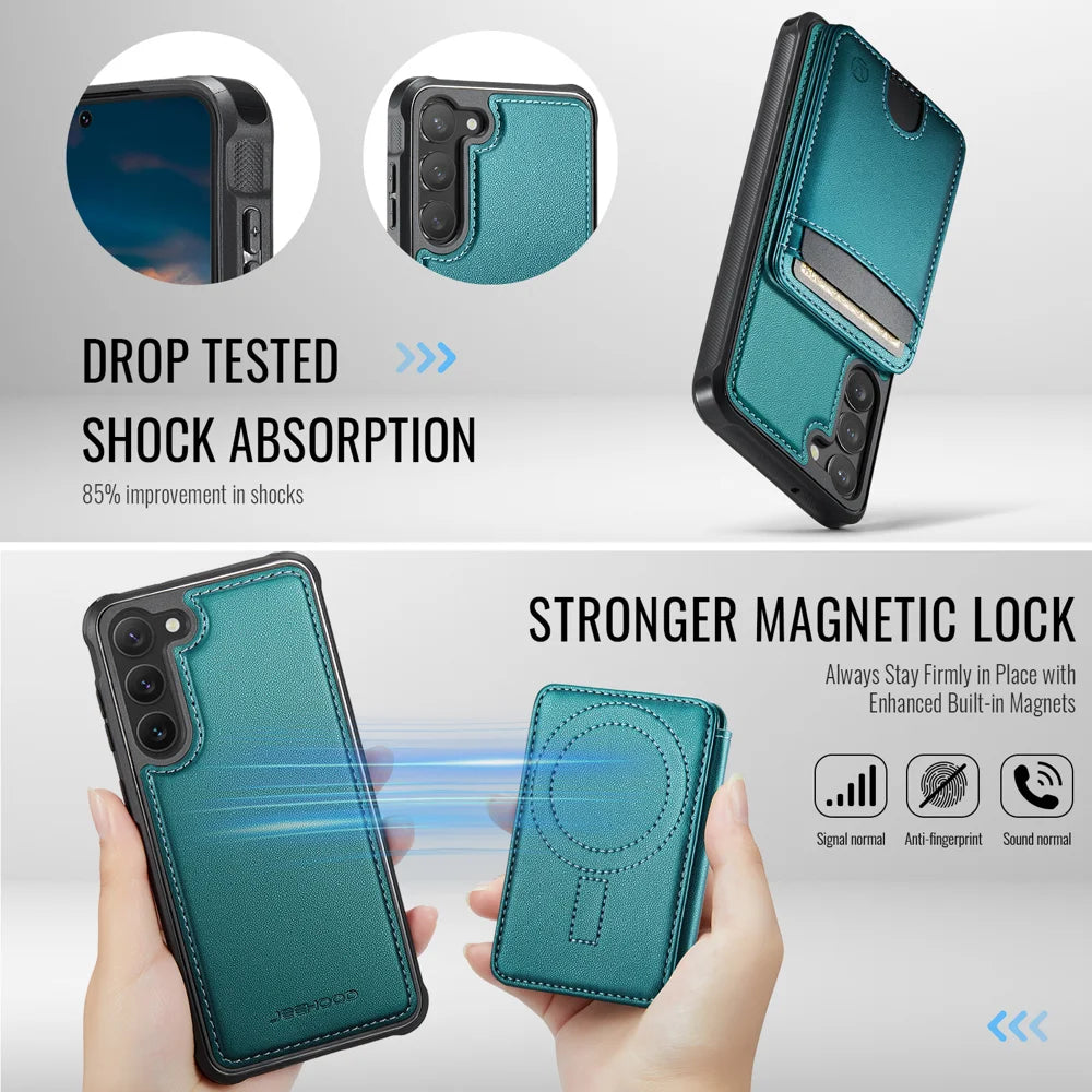 JEEHOOD For Samsung Galaxy S23+ Magnetic Case  J10 Leather Back Phone Cover with Detachable Card Holder Kickstand - Blue - 3