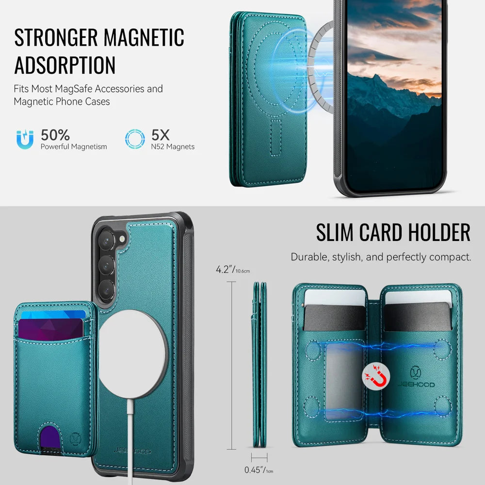 JEEHOOD For Samsung Galaxy S23+ Magnetic Case  J10 Leather Back Phone Cover with Detachable Card Holder Kickstand - Blue - 6