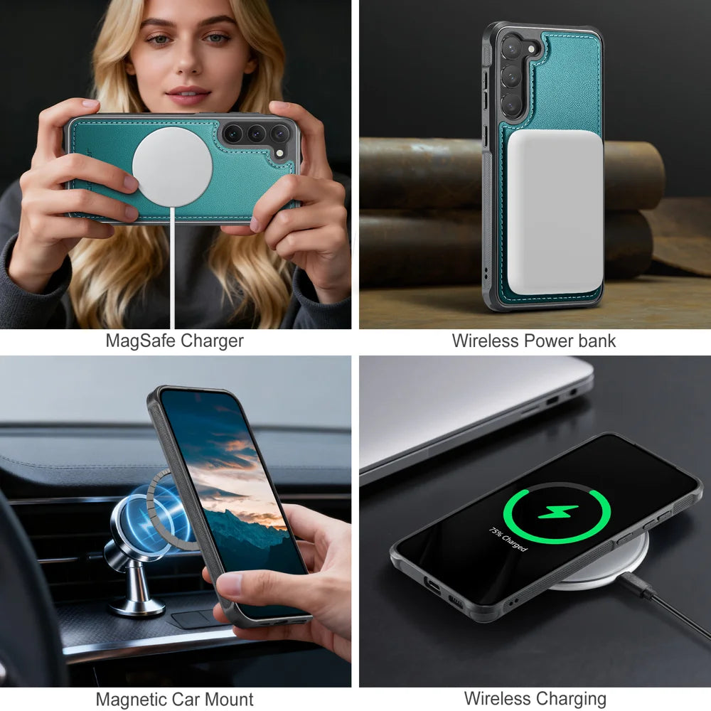 JEEHOOD For Samsung Galaxy S23+ Magnetic Case  J10 Leather Back Phone Cover with Detachable Card Holder Kickstand - Blue - 7