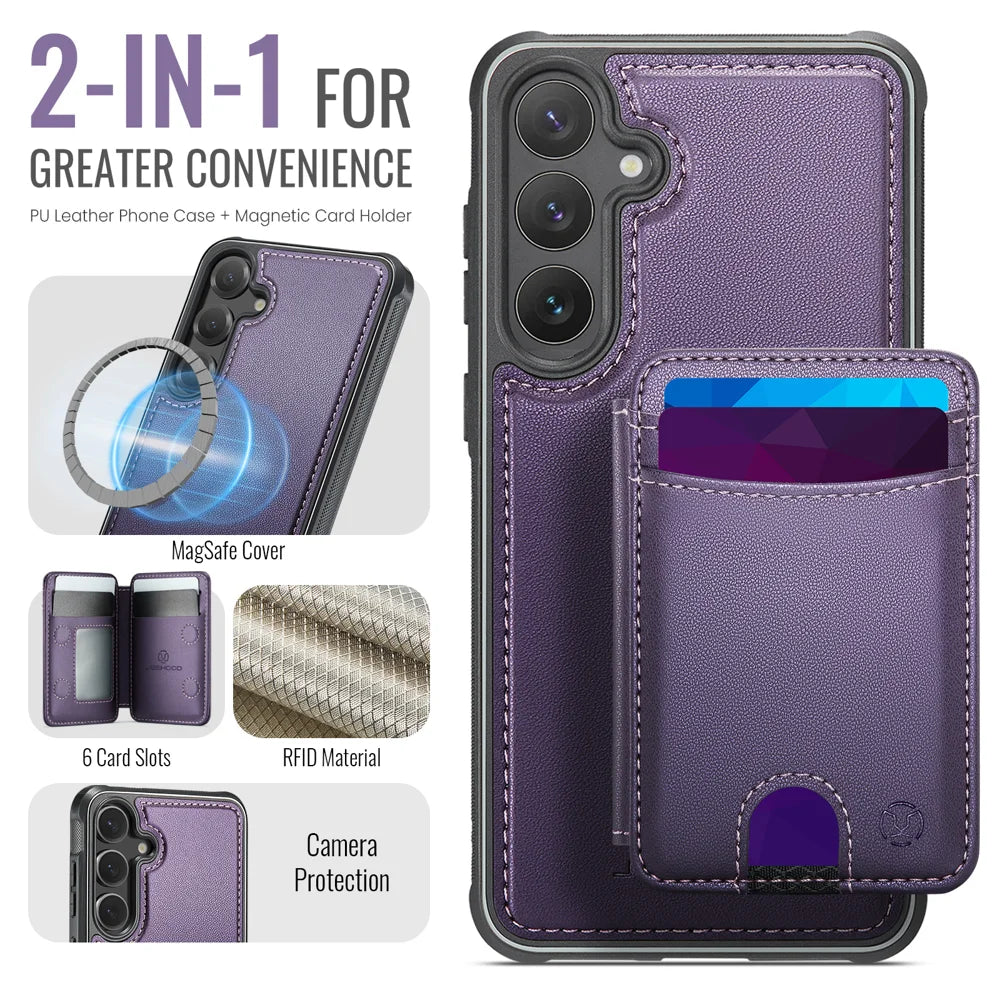 JEEHOOD For Samsung Galaxy S24 Magnetic Case  J10 Leather Back Phone Cover with Detachable Card Holder Kickstand - Purple - 2