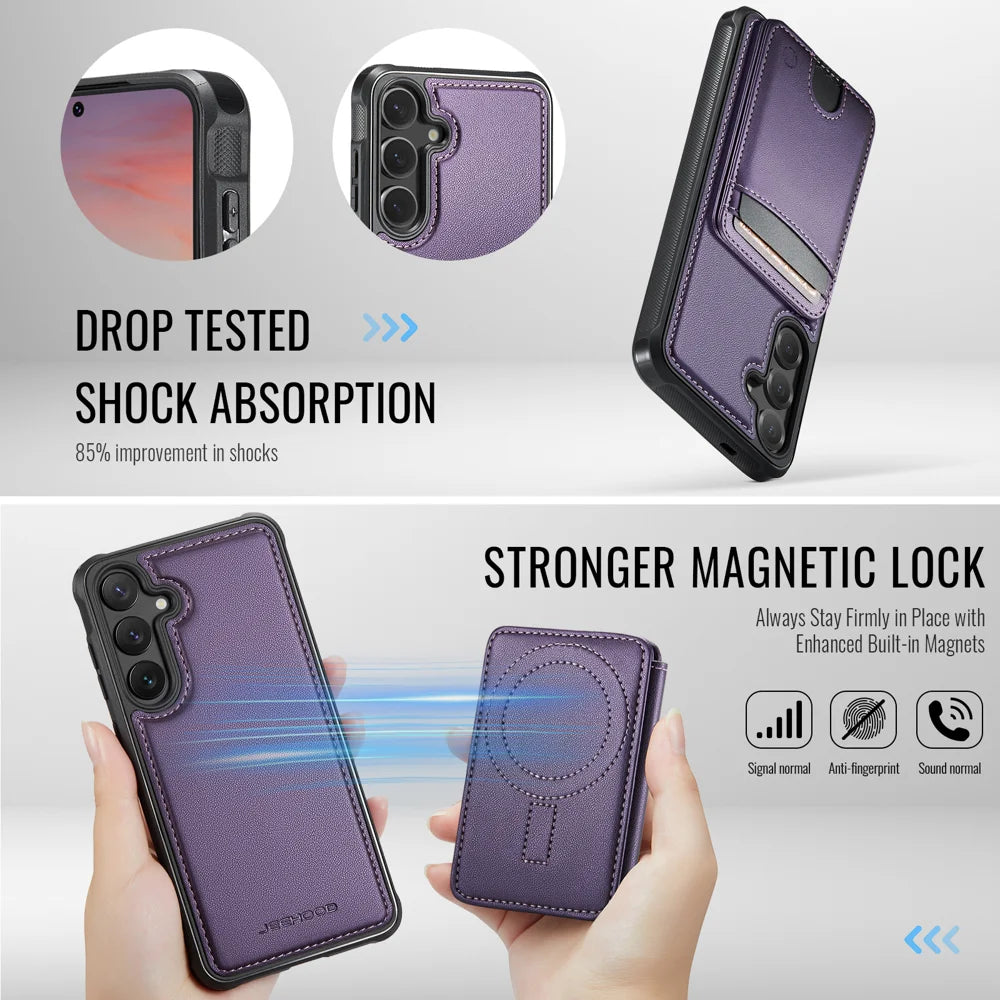 JEEHOOD For Samsung Galaxy S24 Magnetic Case  J10 Leather Back Phone Cover with Detachable Card Holder Kickstand - Purple - 3