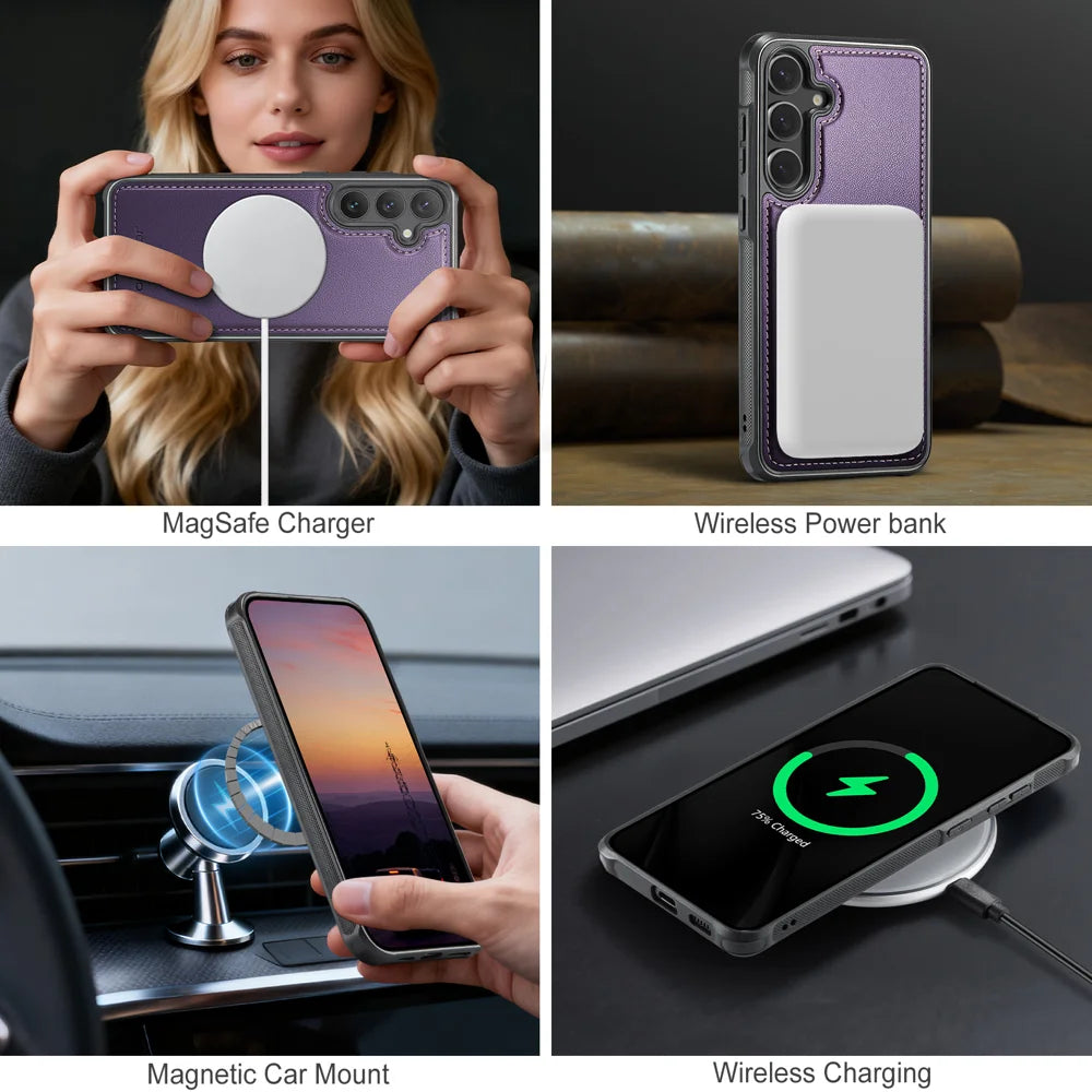 JEEHOOD For Samsung Galaxy S24 Magnetic Case  J10 Leather Back Phone Cover with Detachable Card Holder Kickstand - Purple - 7