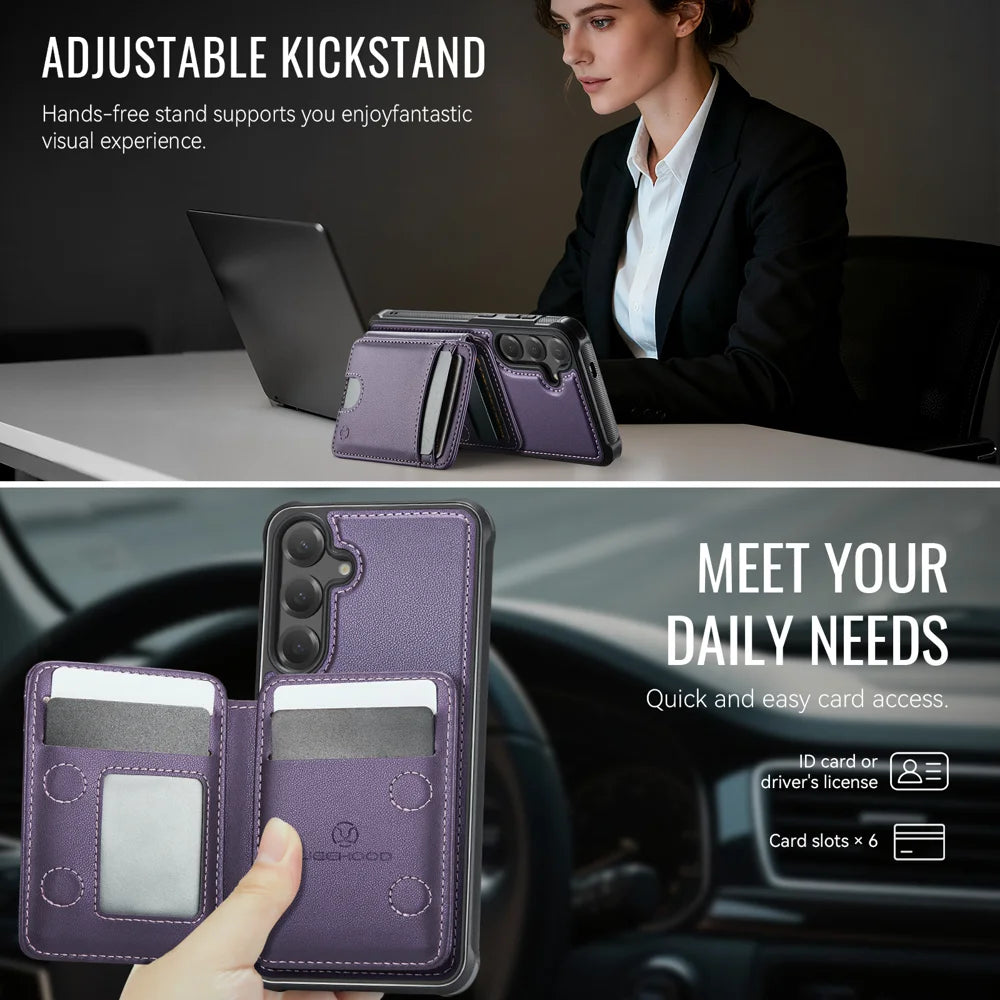 JEEHOOD For Samsung Galaxy S24 FE Magnetic Case  J10 Leather Back Phone Cover with Detachable Card Holder Kickstand - Purple - 4